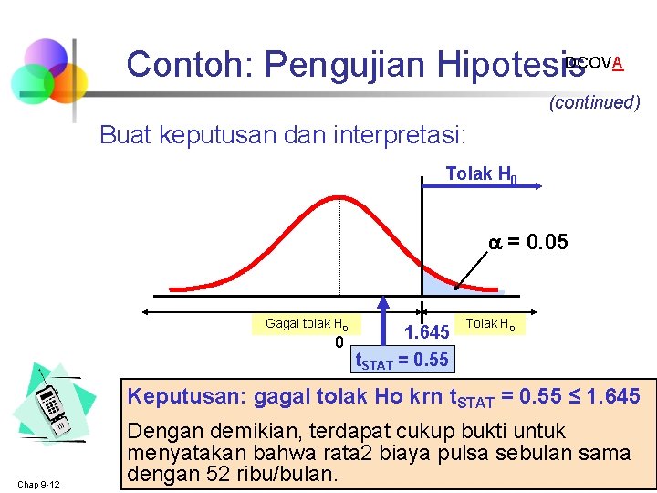 DCOVA Contoh: Pengujian Hipotesis (continued) Buat keputusan dan interpretasi: Tolak H 0 = 0.