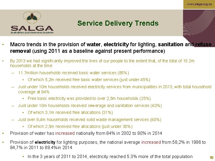 www. salga. org. za Service Delivery Trends • Macro trends in the provision of