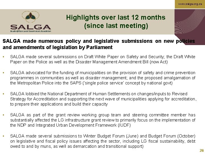 www. salga. org. za Highlights over last 12 months (since last meeting) SALGA made
