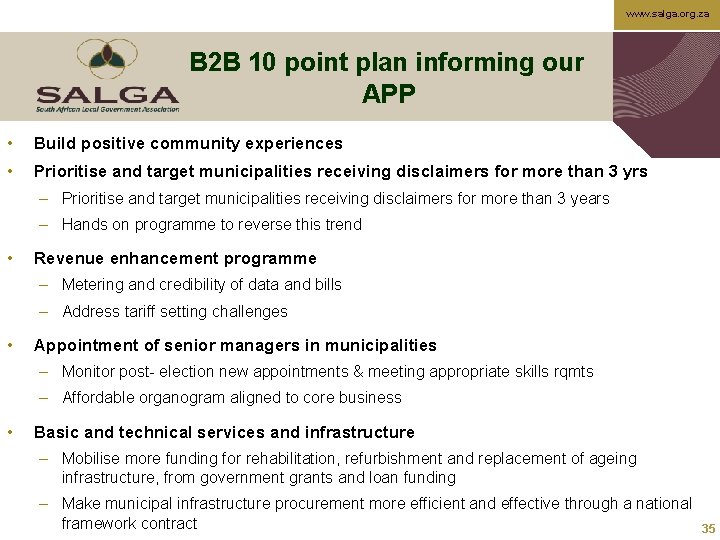 www. salga. org. za B 2 B 10 point plan informing our APP •