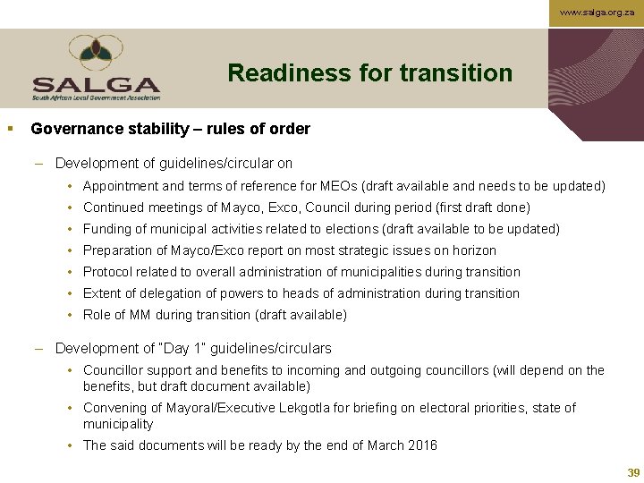 www. salga. org. za Readiness for transition § Governance stability – rules of order