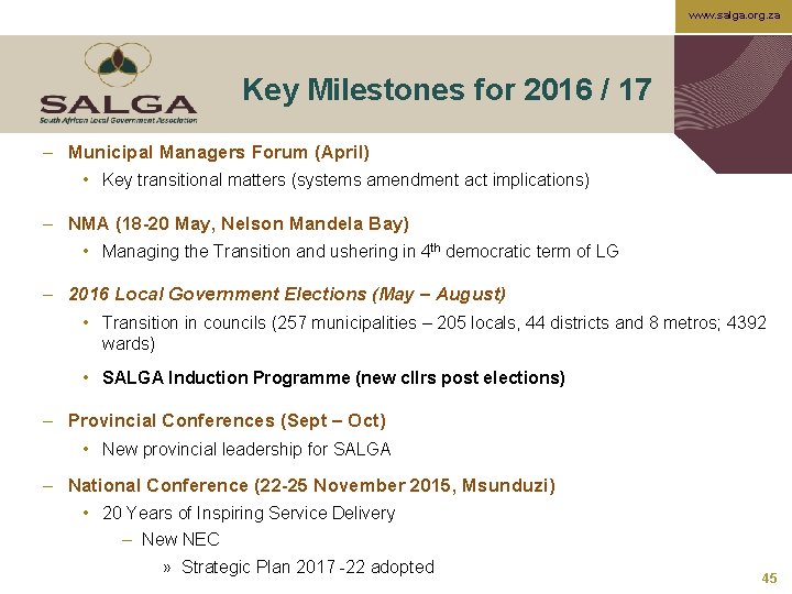 www. salga. org. za Key Milestones for 2016 / 17 – Municipal Managers Forum