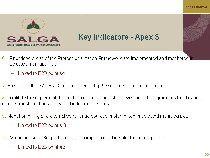 www. salga. org. za Key Indicators - Apex 3 6. Prioritised areas of the