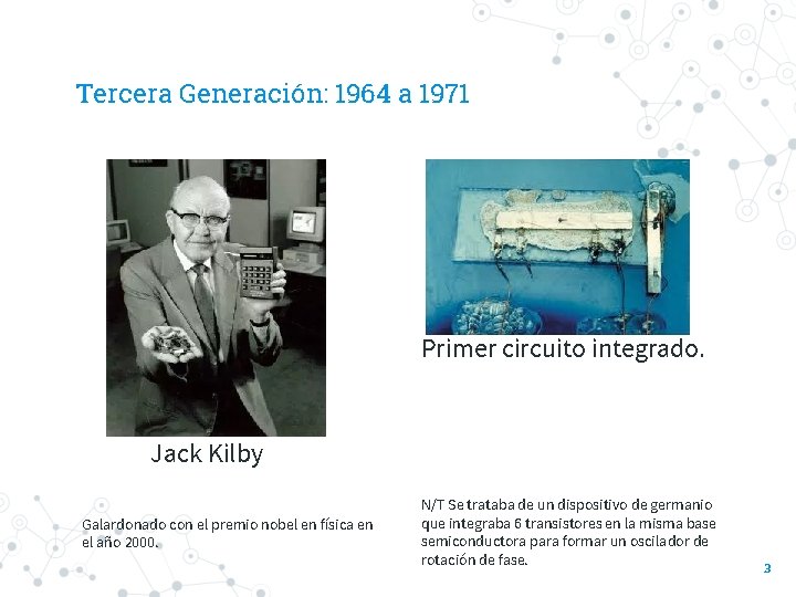 Tercera Generación: 1964 a 1971 Primer circuito integrado. Jack Kilby Galardonado con el premio