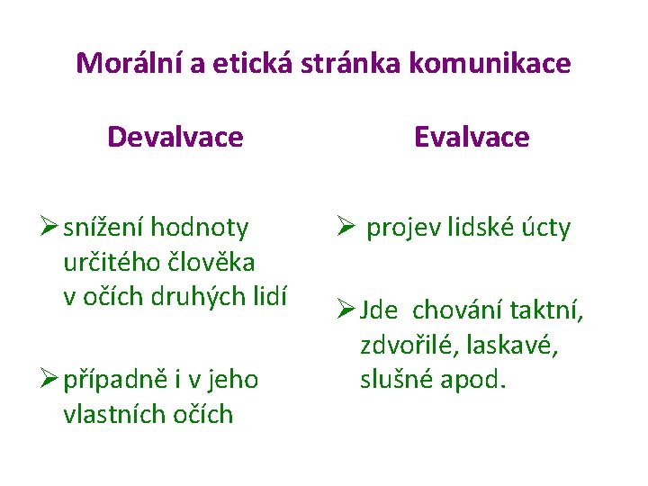 Morální a etická stránka komunikace Devalvace Ø snížení hodnoty určitého člověka v očích druhých