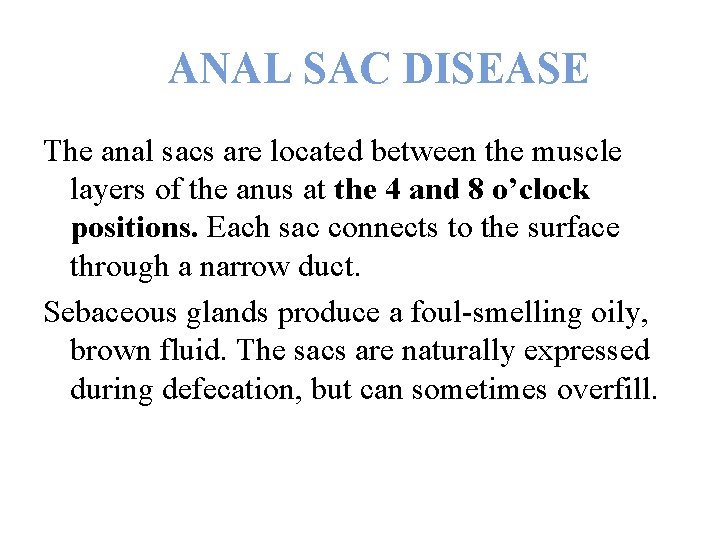 ANAL SAC DISEASE The anal sacs are located between the muscle layers of the