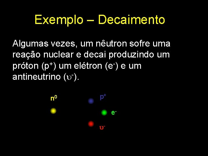 Exemplo – Decaimento Algumas vezes, um nêutron sofre uma reação nuclear e decai produzindo