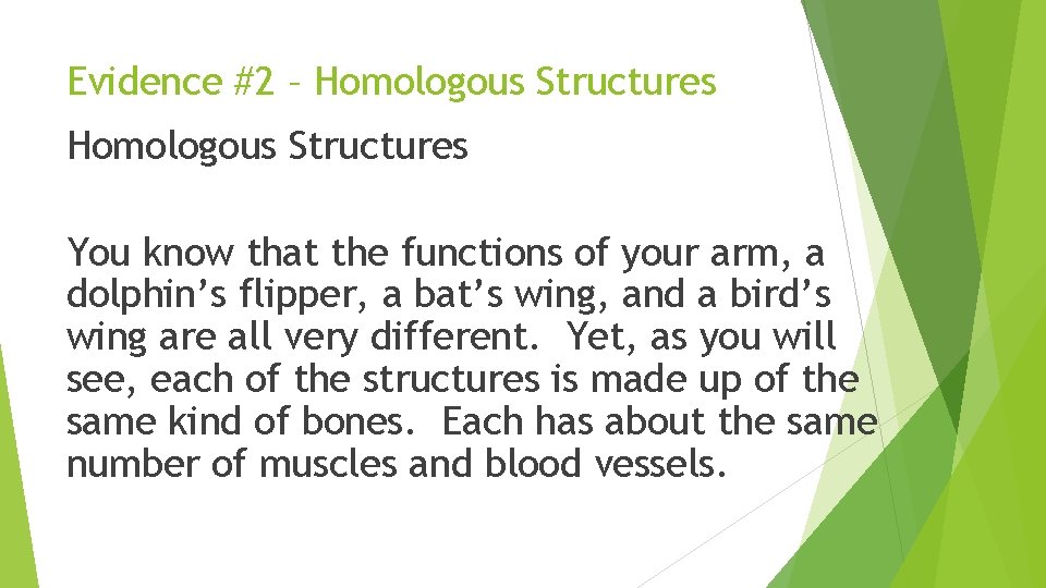 Evidence #2 – Homologous Structures You know that the functions of your arm, a