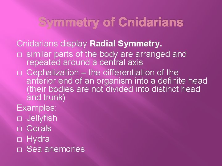 Symmetry of Cnidarians display Radial Symmetry. � similar parts of the body are arranged
