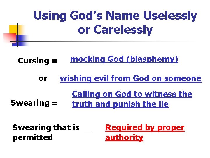 Using God’s Name Uselessly or Carelessly Cursing = or Swearing = mocking God (blasphemy)