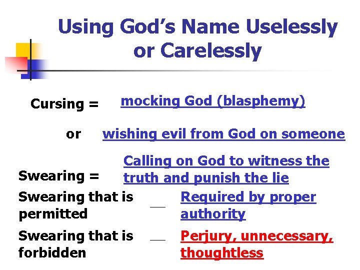 Using God’s Name Uselessly or Carelessly Cursing = or mocking God (blasphemy) wishing evil