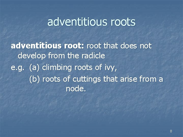 adventitious roots adventitious root: root that does not develop from the radicle e. g.