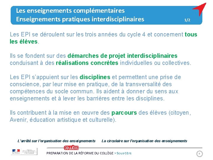 Les enseignements complémentaires Enseignements pratiques interdisciplinaires 1/2 Les EPI se déroulent sur les trois