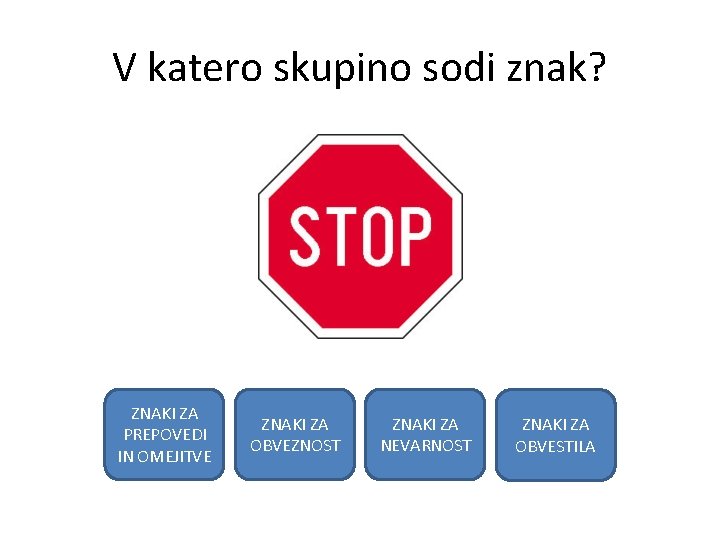 V katero skupino sodi znak? ZNAKI ZA PREPOVEDI IN OMEJITVE ZNAKI ZA OBVEZNOST ZNAKI