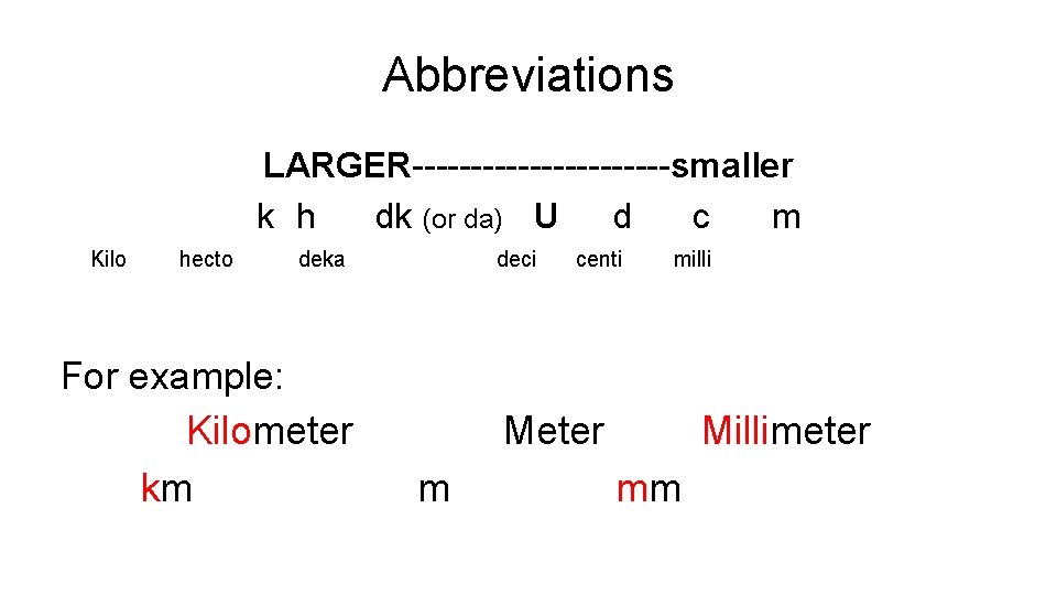 Abbreviations LARGER-----------smaller k h dk (or da) U d c m Kilo hecto deka