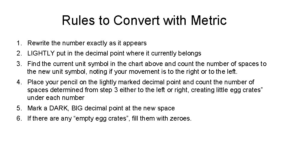 Rules to Convert with Metric 1. Rewrite the number exactly as it appears 2.