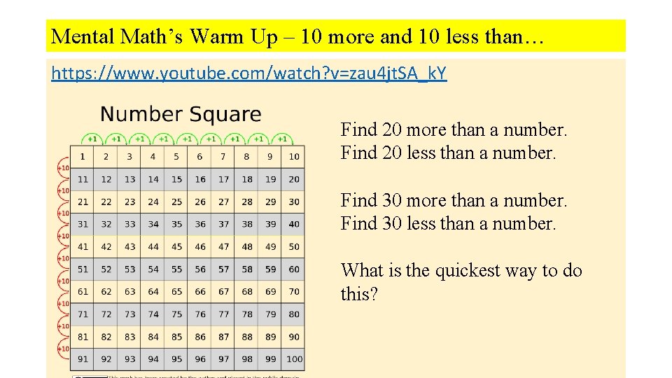 Mental Math’s Warm Up – 10 more and 10 less than… https: //www. youtube.
