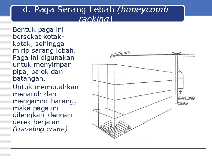 d. Paga Serang Lebah (honeycomb racking) Bentuk paga ini bersekat kotak, sehingga mirip sarang