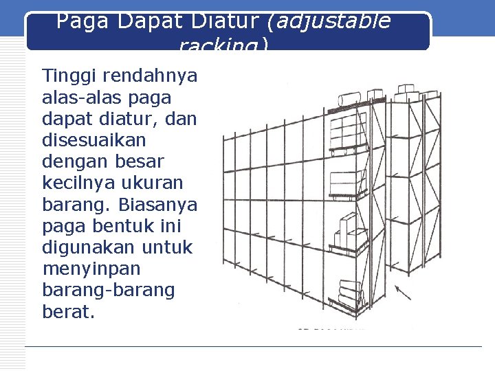 Paga Dapat Diatur (adjustable racking) Tinggi rendahnya alas-alas paga dapat diatur, dan disesuaikan dengan