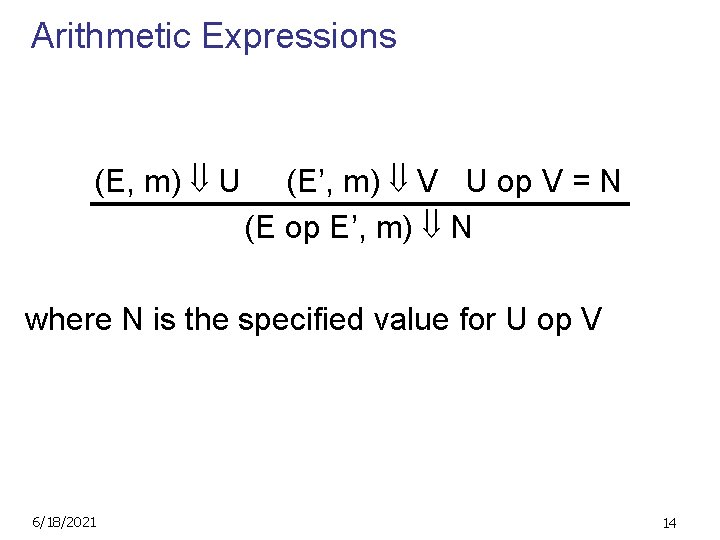 Arithmetic Expressions (E, m) U (E’, m) V U op V = N (E