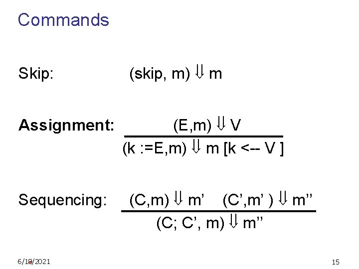 Commands Skip: Assignment: Sequencing: 6/18/2021 (skip, m) m (E, m) V (k : =E,