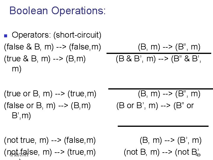 Boolean Operations: Operators: (short-circuit) (false & B, m) --> (false, m) (true & B,