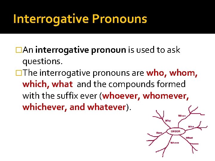 Interrogative Pronouns �An interrogative pronoun is used to ask questions. �The interrogative pronouns are