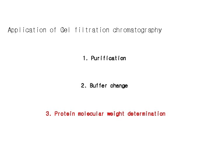 Application of Gel filtration chromatography 1. Purification 2. Buffer change 3. Protein molecular weight