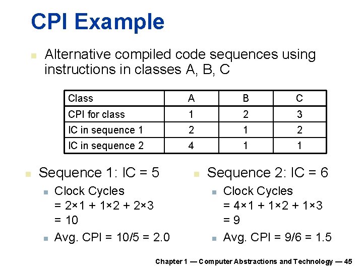 CPI Example n n Alternative compiled code sequences using instructions in classes A, B,