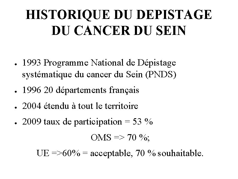 HISTORIQUE DU DEPISTAGE DU CANCER DU SEIN ● 1993 Programme National de Dépistage systématique