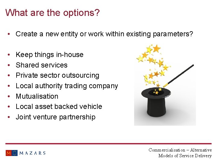 What are the options? • Create a new entity or work within existing parameters?