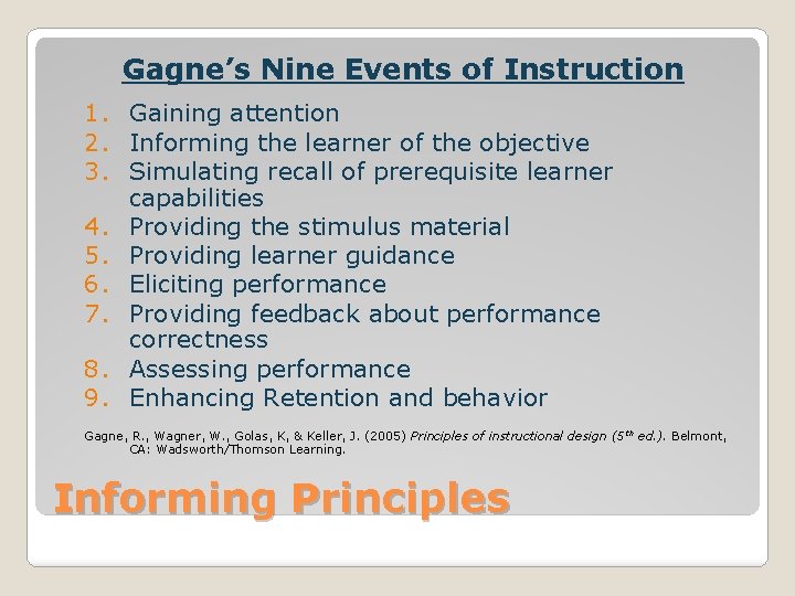 Gagne’s Nine Events of Instruction 1. Gaining attention 2. Informing the learner of the