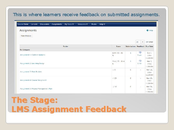 This is where learners receive feedback on submitted assignments. The Stage: LMS Assignment Feedback