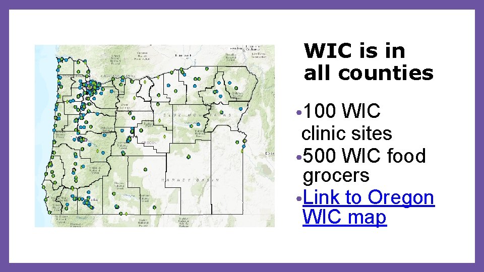 WIC is in all counties • 100 WIC clinic sites • 500 WIC food