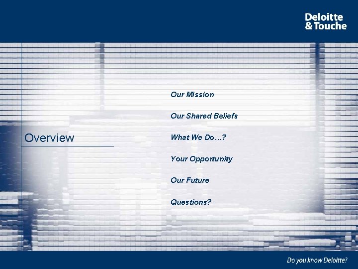 Our Mission Our Shared Beliefs Overview What We Do…? Your Opportunity Our Future Questions?