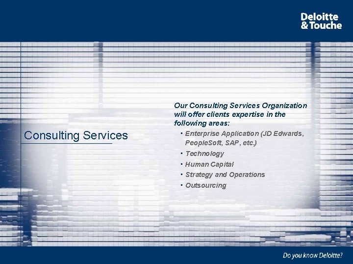 Consulting Services Our Consulting Services Organization will offer clients expertise in the following areas: