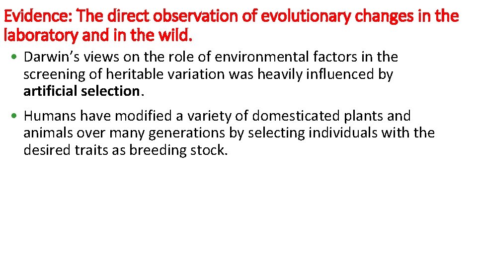 Evidence: The direct observation of evolutionary changes in the laboratory and in the wild.