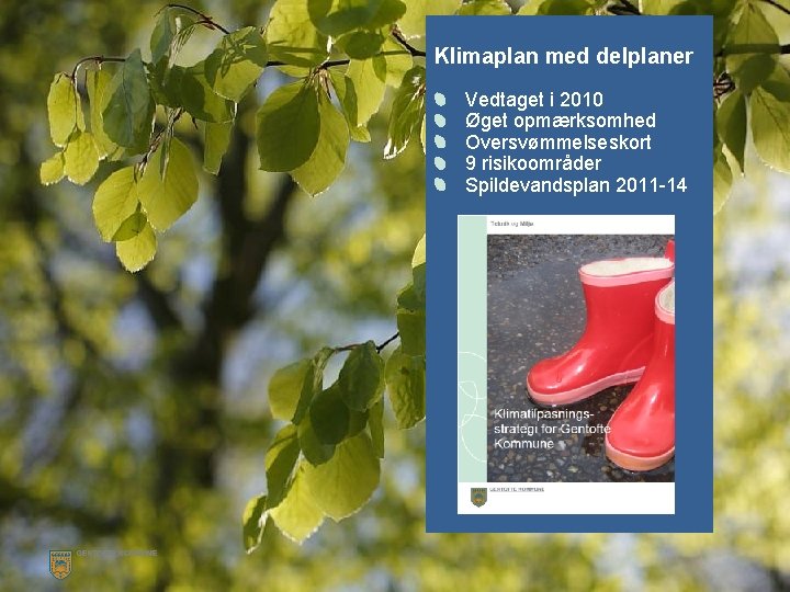 Klimaplan med delplaner Vedtaget i 2010 Øget opmærksomhed Oversvømmelseskort 9 risikoområder Spildevandsplan 2011 -14