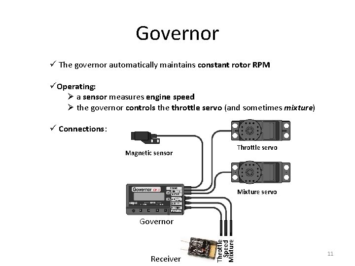 Governor ü The governor automatically maintains constant rotor RPM üOperating: Ø a sensor measures