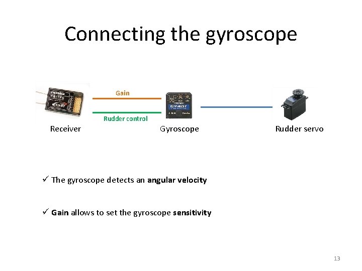 Connecting the gyroscope Gain Receiver Rudder control Gyroscope Rudder servo ü The gyroscope detects