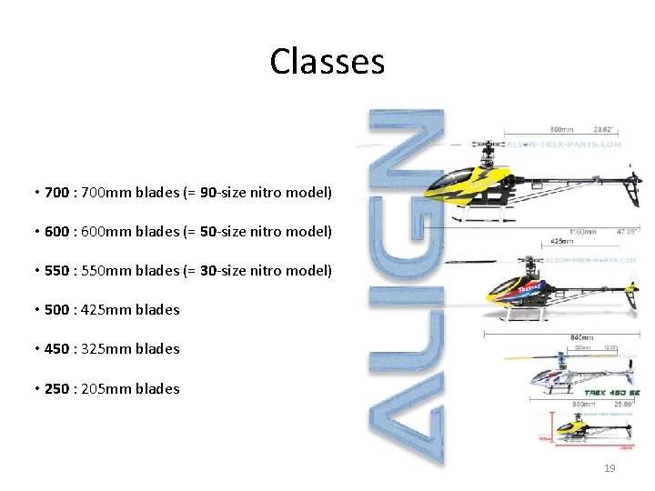 Classes • 700 : 700 mm blades (= 90 -size nitro model) • 600