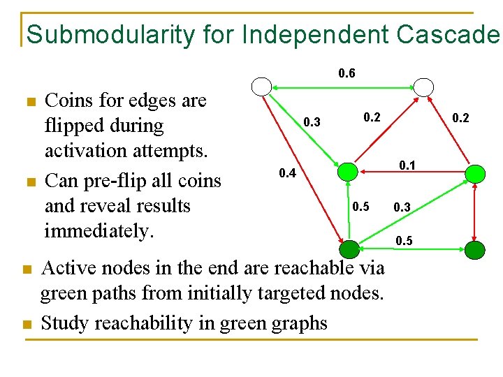 Submodularity for Independent Cascade 0. 6 n n Coins for edges are flipped during