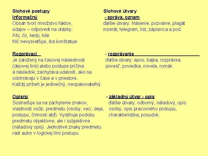 Slohové postupy Informačný Obsah tvorí množstvo faktov, údajov – odpovedí na otázky: Kto, čo,