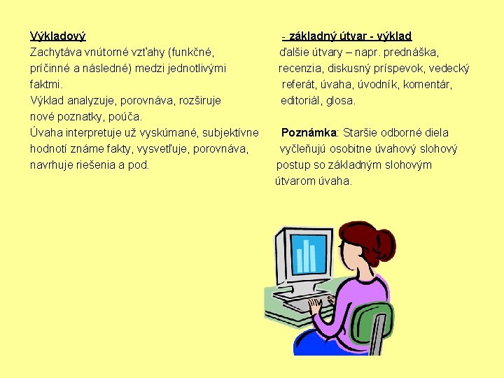 Výkladový Zachytáva vnútorné vzťahy (funkčné, príčinné a následné) medzi jednotlivými faktmi. Výklad analyzuje, porovnáva,