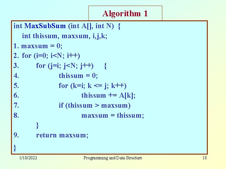 Algorithm 1 int Max. Sub. Sum (int A[], int N) { int thissum, maxsum,