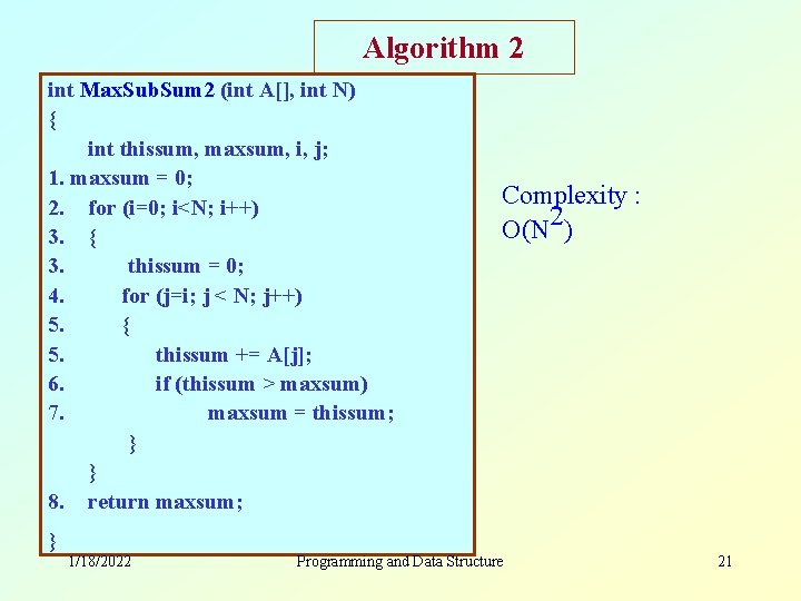 Algorithm 2 int Max. Sub. Sum 2 (int A[], int N) { int thissum,