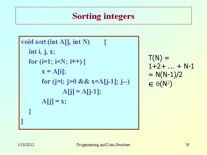 Sorting integers void sort (int A[], int N) { int i, j, x; for