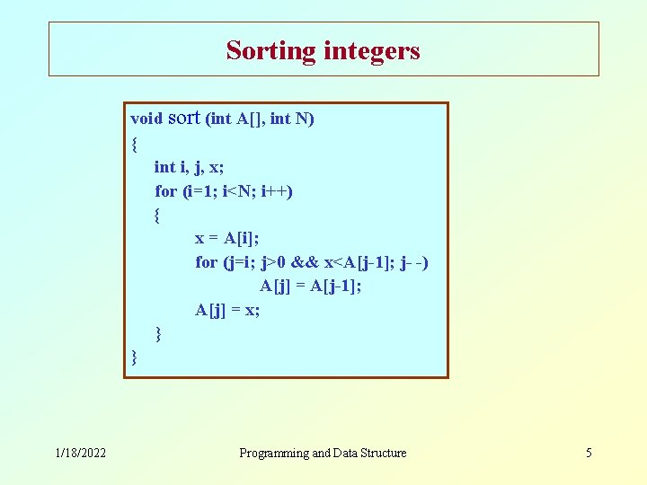 Sorting integers void sort (int A[], int N) { int i, j, x; for