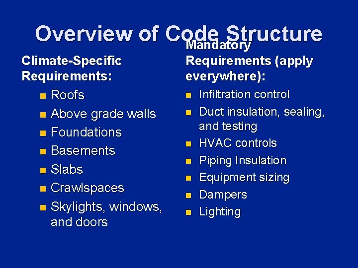 Overview of Code Structure Mandatory Climate-Specific Requirements: n Roofs n Above grade walls n