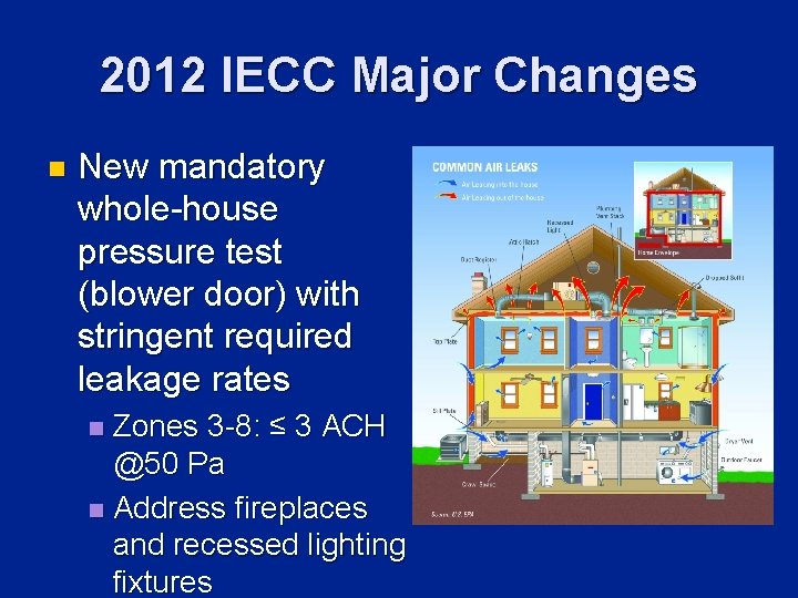 2012 IECC Major Changes n New mandatory whole-house pressure test (blower door) with stringent